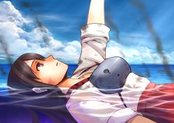 Rule 34 | 10s, 1girl, akagi (kancolle), aliesta, armor, brown hair, damaged, japanese clothes, kantai collection, long hair, looking up, muneate, ocean, partially submerged, personification, red eyes, smoke, solo, water