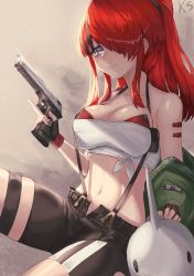Rule 34 | 1girl, absurdres, bandeau, bare shoulders, black gloves, black hair, black shorts, breasts, commentary, fingerless gloves, gloves, gun, handgun, highres, holding, holding gun, holding weapon, katsu (katsuslider), lain paterson, lain paterson (1st costume), large breasts, long hair, midriff, multicolored hair, navel, nijisanji, off shoulder, ponytail, pouch, purple eyes, red hair, short shorts, shorts, skindentation, solo, stomach, strapless, streaked hair, suspenders, thigh strap, thighs, trigger discipline, tube top, virtual youtuber, weapon