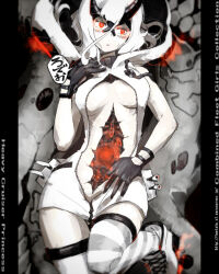 Rule 34 | 1girl, abyssal ship, asymmetrical horns, black gloves, black horns, blush, boots, breasts, character name, colored skin, copyright name, cracked skin, gloves, hair between eyes, heavy cruiser princess, hole in chest, hole on body, hood, hood up, horns, kantai collection, mechanical parts, medium breasts, open clothes, oso (toolate), pale skin, red eyes, sideboob, sleeveless, solo, striped clothes, striped thighhighs, sweat, tail, thighhighs, turret, uneven horns, white footwear, white hair, zipper
