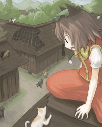 Rule 34 | 1girl, animal ears, brown hair, cat, cat ears, cat tail, chen, daitai, fang, female focus, hat, multiple tails, rooftop, short hair, sitting, solo, tail, touhou