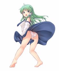 Rule 34 | 1girl, accidental exposure, antenna hair, ass, bare legs, bare shoulders, barefoot, blue eyes, blue necktie, blue skirt, blush, breasts, clothes between thighs, clothes lift, detached sleeves, frog hair ornament, from behind, green hair, hair ornament, hair tubes, highres, kneepits, kochiya sanae, leaning forward, legs apart, long hair, long skirt, long sleeves, looking at viewer, looking back, medium breasts, miyo (ranthath), necktie, no legwear, panties, simple background, single sidelock, skirt, skirt lift, snake hair ornament, solo, tareme, thighs, touhou, underwear, white background, white panties, wind, wind lift