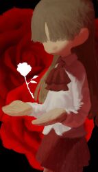 Rule 34 | 1girl, ascot, brown hair, collared shirt, flower, highres, ib (ib), ib (kouri), long hair, long sleeves, object floating above hand, oreoppi, red ascot, red flower, red skirt, rose, shirt, skirt, solo, white shirt