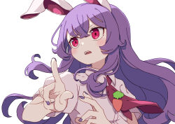 Rule 34 | 1girl, absurdres, animal ears, blush, collared shirt, fingernails, hair between eyes, highres, kame (kamepan44231), long hair, nail polish, necktie, open mouth, puffy short sleeves, puffy sleeves, purple hair, purple nails, rabbit ears, red eyes, red necktie, reisen udongein inaba, shirt, short sleeves, simple background, solo, touhou, upper body, white background, white shirt