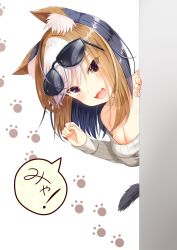 Rule 34 | 1girl, :3, akine (kuroyuri), animal ear fluff, animal ears, bare shoulders, black hair, blush, breasts, brown hair, cat ears, cat girl, cat tail, cleavage, collarbone, eyewear on head, fang, highres, large breasts, long sleeves, looking at viewer, medium hair, multicolored hair, nyan, off-shoulder sweater, off shoulder, open mouth, original, paw print, paw print background, ribbed sweater, smile, solo, speech bubble, sunglasses, sweater, tail, translation request, white hair, white sweater