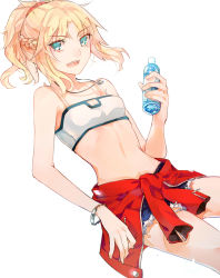 Rule 34 | 1girl, :d, blonde hair, blue eyes, blue shorts, bra, bracelet, breasts, cleavage, cleavage cutout, clothes around waist, clothing cutout, collarbone, cowboy shot, denim, denim shorts, dutch angle, fate/apocrypha, fate (series), hair ornament, hair scrunchie, high ponytail, highres, holding, jewelry, long hair, midriff, mordred (fate), mordred (fate/apocrypha), mordred (memories at trifas) (fate), open mouth, red scrunchie, scrunchie, short shorts, shorts, simple background, small breasts, smile, solo, standing, stomach, torn clothes, torn shorts, underwear, white background, white bra, yogurt yo