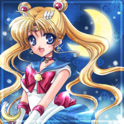 Rule 34 | 1990s (style), 1girl, bishoujo senshi sailor moon, blonde hair, blue background, blue eyes, blue sailor collar, blue skirt, bow, choker, crescent moon, double bun, earrings, gloves, hair ornament, hairpin, jewelry, long hair, lowres, magical girl, moon, red bow, ribbon, sailor collar, sailor moon, shirataki kaiseki, skirt, smile, solo, tiara, tsukino usagi, twintails, v arms, white gloves