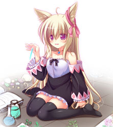 Rule 34 | 1girl, animal ears, bare shoulders, black thighhighs, blonde hair, blush, book, breasts, collarbone, dog ears, elin, long hair, looking at viewer, medium breasts, open book, open mouth, parted lips, psyche3313, purple eyes, sitting, smile, solo, tera online, test tube, thighhighs, wariza