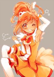 Rule 34 | 10s, 1girl, arm up, arm warmers, armpits, bike shorts, boots, bow, character name, choker, cure sunny, grey background, grin, hair bun, hino akane (smile precure!), magical girl, matching hair/eyes, one eye closed, orange bow, orange eyes, orange hair, orange skirt, orange theme, precure, short hair, shorts, shorts under skirt, single hair bun, skirt, smile, smile precure!, solo, thigh boots, thighhighs, uzuki aki, v, white footwear, white thighhighs