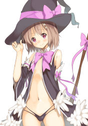 Rule 34 | 1girl, absurdres, bad id, bad pixiv id, black panties, blush, bow, brown hair, closed mouth, cowboy shot, detached sleeves, flat chest, gluteal fold, hair ornament, hand on headwear, hand up, hat, highres, looking at viewer, maechuu, magician, navel, original, panties, purple bow, purple eyes, purple ribbon, revealing clothes, ribbon, robe, short hair, simple background, smile, solo, staff, tareme, underwear, white background, wide sleeves, witch hat, x hair ornament