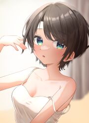 Rule 34 | 1girl, absurdres, ai (u e o o), bare shoulders, black hair, blue eyes, blush, breasts, cleavage, collarbone, highres, hololive, large breasts, looking at viewer, oozora subaru, open mouth, short hair, smile, solo, swept bangs, virtual youtuber