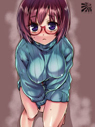 Rule 34 | 1girl, bare legs, barefoot, blue eyes, breasts, brown hair, dress, covered erect nipples, from above, glasses, large breasts, looking at viewer, open mouth, original, red-framed eyewear, ribbed sweater, short hair, solo, sweater, sweater dress, tokita monta