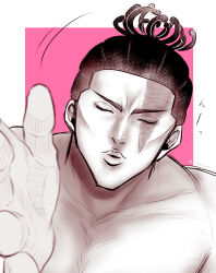 Rule 34 | 1boy, artist request, bara, black hair, greyscale with colored background, highres, incoming kiss, jujutsu kaisen, male focus, motion lines, muscular, muscular male, nude, outstretched hand, pectorals, pink background, puckered lips, reaching, reaching towards viewer, scar, scar across eye, short hair, sideburns, solo, toudou aoi (jujutsu kaisen), two-tone background, upper body