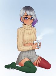 Rule 34 | 1girl, :o, absurdres, asymmetrical legwear, beige sweater, black-framed eyewear, blue eyes, commentary, cup, glasses, gradient background, green thighhighs, grey background, grey skirt, highres, holding, holding cup, long sleeves, looking at viewer, midriff, mismatched legwear, no shoes, original, pleated skirt, red thighhighs, ribbed sweater, rob ishi, short hair, sitting, skirt, solo, sweater, tan, thighhighs, turtleneck, wariza, zettai ryouiki