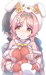 Rule 34 | 1boy, 1girl, alternate breast size, animal hat, belt, black hair, blush, braid, grabbing another&#039;s breast, buttons, commentary request, flower, from behind, gakuencho, gloves, grabbing, hair flower, hair ornament, hat, headband, highres, long hair, mimi (princess connect!), pink hair, princess connect!, rabbit hat, ribbon, simple background, twin braids, white background, yellow eyes
