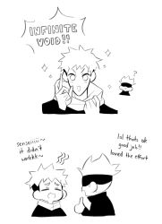 Rule 34 | !, !!, 2boys, absurdres, black jacket, blindfold, chibi, claireiosity, closed eyes, english text, eyebrows, gakuran, gojou satoru, hair down, hair up, hand signs, highres, hood, hood down, hoodie, itadori yuuji, jacket, jujutsu kaisen, light blush, long sleeves, looking at another, male focus, monochrome, multicolored hair, multiple boys, open mouth, school uniform, short hair, sleeves past elbows, sparkle, sparkling eyes, speech bubble, stitched, third-party edit, thumbs up, two-tone hair, undercut, white background
