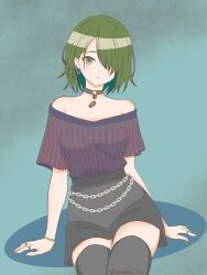 Rule 34 | 1girl, absurdres, arm support, bare shoulders, black choker, black shirt, black skirt, black thighhighs, bracelet, breasts, chain, chain earrings, choker, commentary request, expressionless, green background, green eyes, green hair, hair over one eye, highres, idolmaster, idolmaster shiny colors, jewelry, light blush, looking at viewer, medium breasts, nanakusa nichika, ring, shirt, short hair, short sleeves, sitting, skirt, solo, striped clothes, striped shirt, thighhighs, thighs, vertical-striped clothes, vertical-striped shirt, yakumo 773