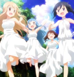 Rule 34 | + +, 10s, 4girls, :3, bare shoulders, barefoot, blonde hair, blue eyes, blue hair, blush, breasts, brown eyes, brown hair, closed mouth, cloud, collarbone, day, doma umaru, dress, ebina nana, closed eyes, feet, forest, grass, hair ornament, hairband, hands up, highres, himouto! umaru-chan, large breasts, laughing, lens flare, long dress, lying, messy hair, motoba kirie, multiple girls, nature, on back, open mouth, ponytail, purple eyes, purple hair, running, screencap, short sleeves, sky, small breasts, smile, stitched, tachibana sylphynford, third-party edit, twintails, wavy hair, white dress