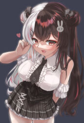 Rule 34 | 1girl, absurdres, black necktie, black skirt, breasts, center frills, cowboy shot, detached sleeves, double bun, frilled skirt, frills, hair bun, hair ornament, hair ribbon, heart, high-waist skirt, highres, kani no miso, leaning to the side, long hair, looking at viewer, medium breasts, miniskirt, multicolored hair, necktie, nijisanji, official alternate costume, open mouth, pink nails, plaid necktie, pleated skirt, rabbit hair ornament, red eyes, ribbon, shirt, skirt, sleeveless, sleeveless shirt, smile, solo, split-color hair, streaked hair, very long hair, virtual youtuber, white shirt, wing collar, x hair ornament, yorumi rena, yorumi rena (11th costume)