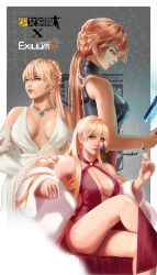 1girl absurdres artist_name bare_shoulders blonde_hair braid breasts cleavage closed_mouth commentary copyright_name cup dress drinking_glass earrings english_commentary exsamus feet_out_of_frame from_side girls&#039;_frontline girls&#039;_frontline_2:_exilium groza_(girls&#039;_frontline_2) halter_dress halterneck highres jewelry large_breasts long_hair looking_at_viewer multiple_views necklace official_alternate_costume orange_eyes ots-14_(destined_love)_(girls&#039;_frontline) ots-14_(girls&#039;_frontline) ots-14_(ruler_of_the_banquet)_(girls&#039;_frontline) parted_lips red_dress sitting smile upper_body white_dress