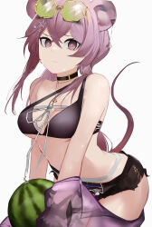 Rule 34 | 1girl, absurdres, animal ears, ao oni (onioni-aoi), arknights, bare shoulders, bikini, bikini top only, black bikini, black choker, black shorts, breasts, choker, cleavage, closed mouth, eyewear on head, food, fruit, green-tinted eyewear, hair ornament, hairclip, highres, jewelry, leaning forward, lin (arknights), long hair, looking at viewer, mouse ears, mouse girl, mouse tail, necklace, official alternate costume, purple eyes, purple hair, see-through, short shorts, shorts, simple background, small breasts, solo, star (symbol), star hair ornament, sunglasses, swimsuit, tail, tinted eyewear, watermelon, white background