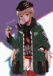 Rule 34 | 1girl, absurdres, beret, black hat, black nails, black shirt, blonde hair, blowing bubbles, chewing gum, commentary request, e draw paint, fingernails, girls&#039; frontline, glasses, green jacket, hair ornament, hairclip, hand in pocket, hat, highres, holding, holding removed eyewear, jacket, load bearing equipment, long hair, long sleeves, looking at viewer, open clothes, open jacket, pouch, red eyes, red thighhighs, round eyewear, shirt, simple background, skindentation, solo, thighhighs, twitter username, type 80 (girls&#039; frontline), unworn eyewear, very long hair
