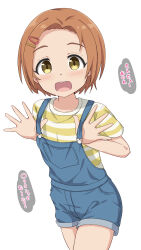Rule 34 | 1girl, blush, brown hair, clothing request, commentary, cowboy shot, forehead, hair ornament, hairclip, highres, idolmaster, idolmaster cinderella girls, looking at viewer, making-of available, open mouth, ryuzaki kaoru, shirt, short hair, simple background, solo, striped clothes, striped shirt, takasuma hiro, teeth, translated, upper teeth only, white background, yellow eyes, yellow shirt