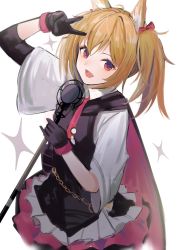 Rule 34 | 1girl, :d, animal ear fluff, animal ears, arknights, arm up, azuazu 0405, black cape, black gloves, black vest, blonde hair, cape, cowboy shot, fang, gloves, highres, holding, holding microphone, layered skirt, looking at viewer, microphone, open mouth, pink skirt, red eyes, shirt, short hair, short sleeves, short twintails, simple background, skirt, smile, solo, sora (arknights), sparkle, twintails, two-tone skirt, v, vest, white background, white shirt, white skirt, wolf ears
