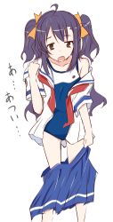 Rule 34 | 10s, 1girl, :o, ahoge, bare shoulders, blush, bow, brown eyes, collarbone, dress, hair bow, high school fleet, highres, looking at viewer, one-piece swimsuit, open mouth, purple hair, sailor dress, school swimsuit, school uniform, shirt, simple background, skirt, solo, standing, sugura runa, swimsuit, swimsuit under clothes, undressing, wajin (at10cm), white background