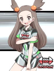 Rule 34 | 1girl, alternate costume, blush, brown eyes, brown hair, collared shirt, commentary request, cowboy shot, creatures (company), eyelashes, game freak, hair bobbles, hair ornament, highres, jasmine (pokemon), long hair, looking at viewer, nintendo, open mouth, pokemon, pokemon hgss, pokemon swsh, shabana may, shirt, short sleeves, shorts, side slit, side slit shorts, solo, sweat, tongue, two side up