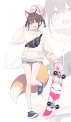 Rule 34 | 1girl, 7peach, :d, absurdres, alternate costume, alternate hairstyle, animal ears, blue archive, blue shorts, braid, brown hair, denim, denim shorts, fang, fox ears, fox girl, fox tail, full body, halo, highres, izuna (blue archive), jacket, long sleeves, looking at viewer, open mouth, pink halo, short shorts, shorts, skin fang, smile, socks, solo, standing, standing on one leg, tail, twin braids, white jacket, white socks, yellow eyes, zoom layer