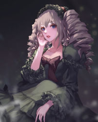 Rule 34 | 1girl, bad id, bad pixiv id, black background, black dress, blue eyes, blurry, bokeh, bow, breasts, collarbone, depth of field, dress, drill hair, eyelashes, frilled dress, frilled sleeves, frills, gothic lolita, grey hair, hairband, hand on own cheek, hand on own face, hand up, highres, jname, lips, lipstick, lolita fashion, long hair, looking at viewer, looking to the side, makeup, original, parted lips, quad drills, simple background, small breasts, solo