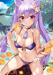 Rule 34 | 1girl, bare arms, bare shoulders, bikini, blue sky, blush, breasts, choker, cloud, commentary, cone hair bun, day, flower, food, front-tie bikini top, front-tie top, fruit, genshin impact, grin, hair between eyes, hair bun, hair flower, hair ornament, halterneck, hand up, highres, holding, holding food, keqing (genshin impact), long hair, looking at viewer, medium breasts, nail polish, navel, orange (fruit), outdoors, pink eyes, popsicle, purple bikini, purple choker, purple eyes, purple hair, purple nails, side-tie bikini bottom, sitting, sky, smile, solo, squchan, stomach, string bikini, swimsuit, thighs, twintails, water, white flower