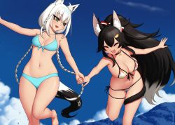 Rule 34 | 2girls, :d, ahoge, animal ear fluff, animal ears, artist name, bare arms, bare legs, bare shoulders, barefoot, bikini, blue bikini, blue sky, blush, bouncing breasts, braid, breasts, cleavage, closed eyes, cloud, collar, collarbone, day, fox ears, fox girl, fox tail, green eyes, hair ornament, hairclip, high ponytail, holding hands, hololive, kuroonehalf, large breasts, leaf print, leaning forward, leg up, long hair, looking at another, looking back, medium breasts, multiple girls, navel, ookami mio, ookami mio (hololive summer 2019), open mouth, outdoors, outstretched arms, ponytail, print bikini, running, shirakami fubuki, shirakami fubuki (hololive summer 2019), side braid, sidelocks, silver hair, skindentation, sky, smile, stomach, swimsuit, tail, thigh strap, twin braids, very long hair, virtual youtuber, white bikini, wolf ears