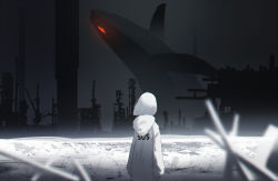 Rule 34 | 1girl, animal, blurry, blurry foreground, city, clothes writing, flying whale, from behind, glowing, glowing eye, highres, hood, hoodie, laluna, night, night sky, original, oversized animal, ruins, scenery, short hair, sky, solo, whale, white hair