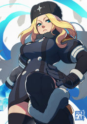 Rule 34 | 1girl, black gloves, black thighhighs, blonde hair, blue eyes, boots, breasts, buttons, coat, eyebrows, eyelashes, from below, fur hat, fur trim, gloves, hand on own hip, hat, hata4564, highres, ice, kolin, large breasts, lips, long hair, looking at viewer, solo, street fighter, street fighter v, thighhighs, thighs, ushanka, wavy hair, winter clothes, winter coat, zettai ryouiki