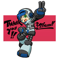 Rule 34 | 1boy, beck (mighty no. 9), english text, green eyes, helmet, highres, kou (makoto yabe), male focus, mighty no. 9, official art, one eye closed, open mouth, robot, simple background, smile, solo, thank you, v, wink