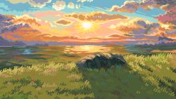 Rule 34 | cloud, cloudy sky, commentary, english commentary, grass, highres, no humans, original, outdoors, pixel art, sky, sun, sunrise, tofupixel
