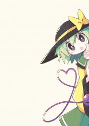 Rule 34 | 1girl, asameshi, black eyes, black hat, blush stickers, bow, commentary, cowboy shot, green hair, green skirt, hat, hat bow, heart, heart of string, highres, komeiji koishi, long sleeves, looking at viewer, open mouth, peeking out, shirt, short hair, skirt, solo, third eye, touhou, wide sleeves, yellow bow, yellow shirt