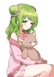 Rule 34 | 1girl, bare shoulders, blush, bow, camisole, double bun, feet out of frame, frilled shorts, frills, green camisole, green eyes, green hair, hair bun, hair ornament, hairclip, jacket, knees together feet apart, long hair, long sleeves, looking at viewer, loungewear, morinaka kazaki, nijisanji, off shoulder, open clothes, open jacket, parted lips, pink bow, pink jacket, pink shorts, polka dot, polka dot bow, polka dot camisole, short shorts, shorts, simple background, sitting, sleeves past wrists, solo, stuffed animal, stuffed toy, teddy bear, two side up, virtual youtuber, white background, yamabukiiro