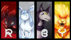 Rule 34 | alternate color, arcanine, artist name, black eyes, blake belladonna, blue eyes, cape, creature, creatures (company), fangs, game freak, gen 1 pokemon, gen 3 pokemon, gen 4 pokemon, gen 5 pokemon, glaceon, glowing, glowing eyes, gradient background, highres, looking at viewer, mightyena, nintendo, no humans, parody, pokemon, pokemon (creature), red eyes, reef (sanomsai products), ruby rose, rwby, scarf, shiny pokemon, weiss schnee, yang xiao long, yellow eyes, zorua