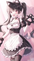 Rule 34 | 1girl, absurdres, animal ear fluff, animal ears, animal hands, apron, bell, black choker, black dress, black hair, black thighhighs, bow, cat ears, cat hair ornament, cat paws, choker, collarbone, cowboy shot, dress, extra ears, fangs, frilled apron, frilled dress, frilled hairband, frills, garter straps, gloves, hair ornament, hairband, hairclip, highres, jingle bell, long hair, looking at viewer, maid, maid apron, maid headdress, monjja, neck bell, original, parted lips, paw gloves, puffy short sleeves, puffy sleeves, red eyes, short sleeves, solo, thighhighs, twintails, white apron, white hairband, x hair ornament