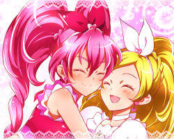 Rule 34 | 10s, 2girls, ^ ^, blonde hair, blush, bow, choker, cure melody, cure rhythm, earrings, closed eyes, hairband, happy, heart, houjou hibiki, jewelry, kagami chihiro, long hair, magical girl, minamino kanade, multiple girls, open mouth, pink bow, pink hair, ponytail, precure, smile, suite precure, twintails, white choker