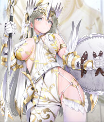 Rule 34 | 1girl, asymmetrical clothes, asymmetrical legwear, belt, belt buckle, blue gemstone, breasts, buckle, closed mouth, commentary request, fed (giba), gauntlets, gem, gold trim, green eyes, green hair, head wings, headgear, highres, holding, holding shield, holding sword, holding weapon, large breasts, legs apart, long hair, o-ring, one breast out, original, revealing clothes, shield, single pantsleg, single thighhigh, standing, sword, thighhighs, very long hair, weapon, white belt, wings