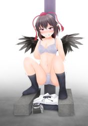 Rule 34 | 1girl, angry, arms behind back, bare shoulders, black shirt, black socks, black wings, blush, bra, breasts, brown hair, camera, cleavage, clenched teeth, collarbone, drooling, embarrassed, feathered wings, female focus, floral print, full body, gokiburi no dashi, gradient background, grey bra, grey pants, hat, have to pee, highres, looking at viewer, navel, nose blush, pants, pointy ears, pole, red eyes, red hat, saliva, shameimaru aya, shirt, short hair, sidelocks, simple background, skirt, small breasts, socks, solo, squatting, stomach, sweat, tears, teeth, thighs, tokin hat, touhou, trembling, underwear, underwear only, unworn shirt, unworn skirt, v-shaped eyebrows, white background, white shirt, wings