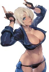 Rule 34 | 1girl, abs, angel (kof), arms up, blue eyes, boots, bra, breasts, chaps, cowboy boots, cropped jacket, crotchless, crotchless pants, horns pose, fingerless gloves, gloves, hair over one eye, highres, horns pose, index fingers raised, jacket, kin mokusei, large breasts, leather, leather jacket, looking at viewer, midriff, pants, snk, solo, strapless, strapless bra, the king of fighters, the king of fighters 2001, the king of fighters xiv, the king of fighters xv, toned, underwear, white background, white hair