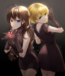 Rule 34 | 1girl, 2girls, absurdres, ahoge, back-to-back, bare shoulders, black dress, blonde hair, bloom, blue eyes, braid, breasts, brown hair, cleavage, covered collarbone, cowboy shot, crazy crazy (idolmaster), dress, ear piercing, elbow gloves, fishnet gloves, fishnets, floral print, french braid, gem, glint, gloves, green eyes, hair between eyes, hair intakes, halter dress, halterneck, heart, highres, holding, holding heart, ichinose shiki, idolmaster, idolmaster cinderella girls, jewelry, lace, lace gloves, lazy lazy (idolmaster), leaning forward, long hair, looking at viewer, looking back, medium breasts, miyamoto frederica, multiple girls, nape, pencil dress, piercing, pursed lips, red gemstone, rose print, see-through, see-through cleavage, short dress, short hair, simple background, sleeveless, sleeveless dress, smile, stenciled rose, taut clothes, taut dress, thighs, tight clothes, tight dress, tsurime, user kyda3884