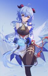 Rule 34 | 1girl, :d, absurdres, ahoge, bare shoulders, black gloves, black pantyhose, blue hair, bodystocking, commentary, detached sleeves, foot out of frame, ganyu (genshin impact), genshin impact, gloves, hair between eyes, head tilt, high-waist skirt, highres, horns, lance (lancelliu), long hair, long sleeves, looking at viewer, open mouth, orb, pantyhose, purple eyes, skirt, smile, solo, thighs, very long hair, white skirt