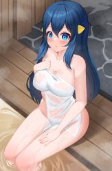 Rule 34 | 1girl, absurdres, blue eyes, blue hair, bluerabbit gap, blush, breasts, collarbone, covering privates, creatures (company), dawn (pokemon), game freak, hair between eyes, hair ornament, hairclip, highres, large breasts, long hair, naked towel, nintendo, nude cover, pokemon, pokemon dppt, sidelocks, sitting, soaking feet, solo, towel, wet, wooden floor