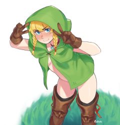Rule 34 | 1girl, absurdres, artist name, black thighhighs, blonde hair, blue eyes, blush, boots, bottomless, braid, brown collar, brown footwear, brown gloves, capelet, collar, commentary, double v, embarrassed, gloves, grass, green capelet, hair between eyes, highres, hood, hood up, hyrule warriors, leather, leather boots, leather gloves, linkle, looking at viewer, naked capelet, nintendo, rob ishi, smile, solo, sweat, the legend of zelda, thigh boots, thighhighs, thighhighs under boots, twin braids, v, wavy mouth