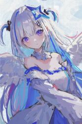 1girl amane_kanata angel angel_wings blue_background blue_hair breasts colored_inner_hair dress feathered_wings fuyumurasaki grey_hair hair_ornament hairclip highres hololive long_hair looking_at_viewer multicolored_hair purple_eyes sketch solo streaked_hair teeth twintails upper_body very_long_hair virtual_youtuber wings